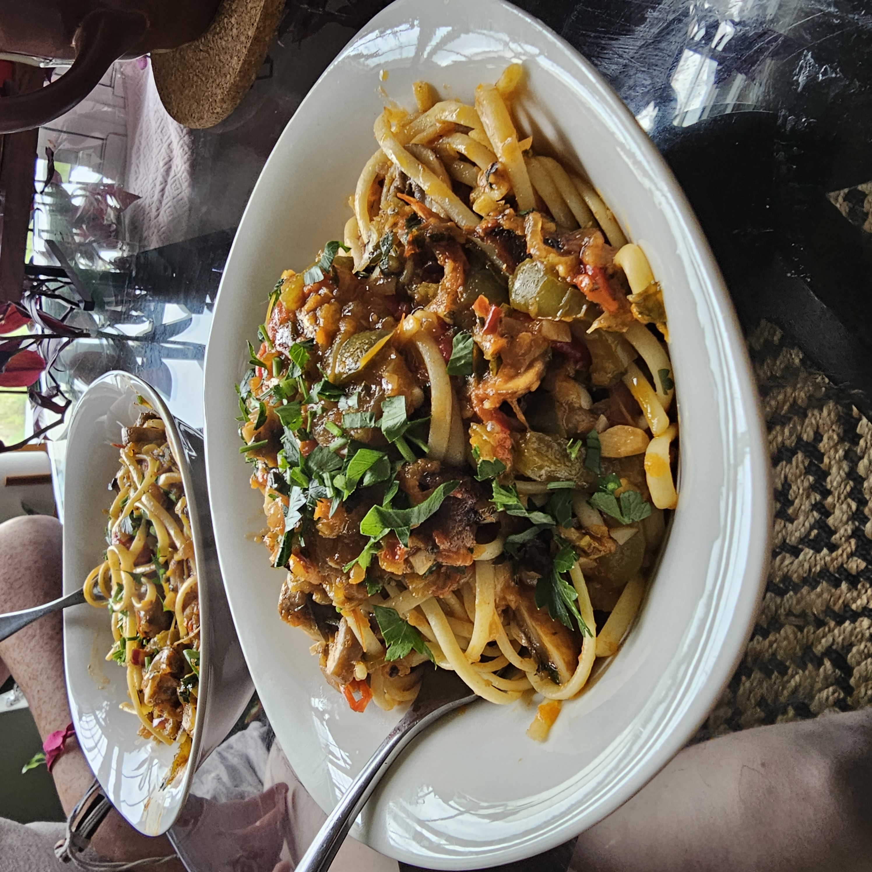 Pasta served at the glass table